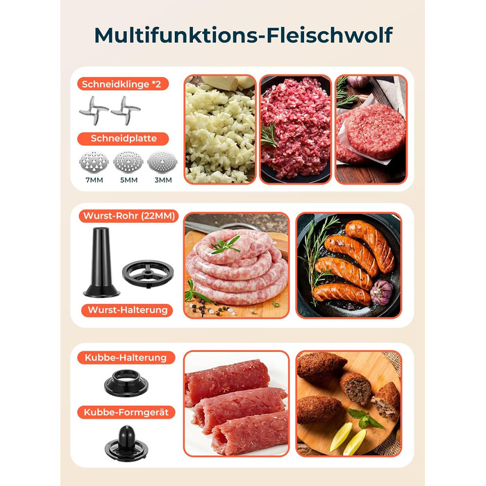 М'ясорубка електрична Fohere 2000 Вт з насадками для ковбас та кубів, 3 диски (7/5/3 мм), чорна