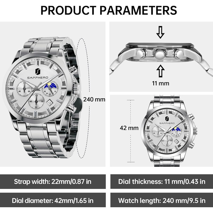 Годинник BENYAR для чоловіків: Хронограф, аналоговий кварц, водостійкий, з датою. Елегантний бізнес-стиль, ідеальний подарунок. Срібний браслет, біле циферблат.
