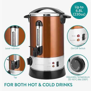 Navaris Mulled Wine Warmer Hot Water Dispenser - Stainless Steel - with Thermostat, Fill Level Indicator, Tap - Mulled Wine & Hot Beverage Dispenser (6.8L, Copper)