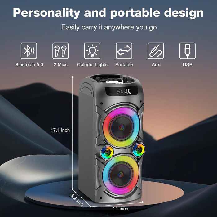 Караоке-система з 2 бездротовими мікрофонами, портативна PA-система Bluetooth з LED-підсвіткою, USB/TF-карта, пульт ДУ