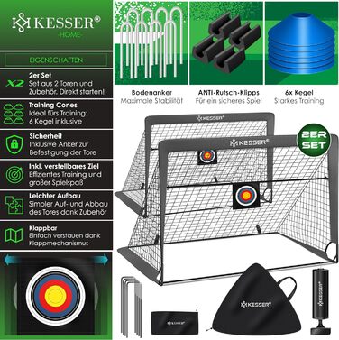 Дитячі футбольні ворота KESSER Pop-Up, набір 2 шт., складані з міцними скловолоконними стійками та сітками, для дому, вулиці та саду, з сумкою для транспортування, 6 фішками, насосом, мішенню, антрацит