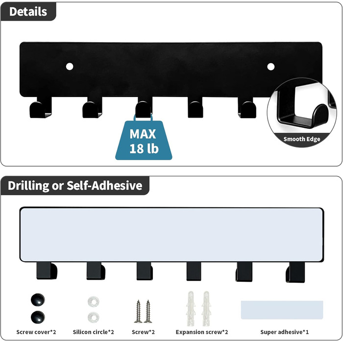 Настінний тримач для ключів GTK з 6 гачками, чорний. Настінна організація, ключниця для коридору