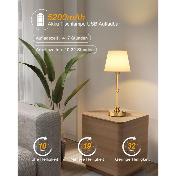 LED настільна лампа EppieBasic бездротова, торшер з торканням, регулювання яскравості, акумулятор 5200mAh, тепле світло 2700K, бронза, для спальні, вітальні, ванної кімнати