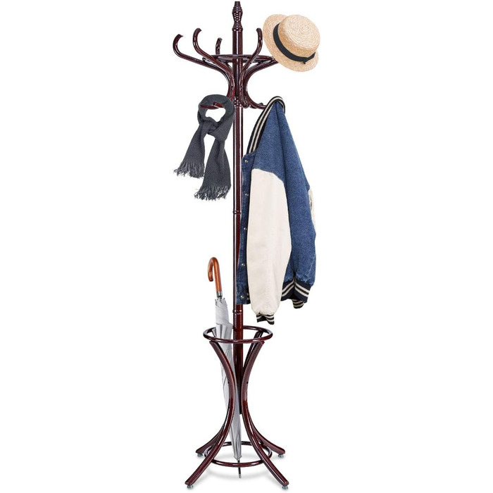 GIANTEX Coat Rack with Umbrella Stand, Clothes Rack Wood with 12 Clothes Hooks, Wooden Coat Tree Freestanding, Standing Coat Rack for Entryway Living Room (White) (Brown)