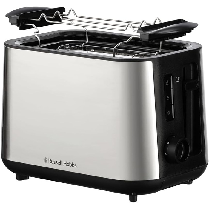 Тостер Russell Hobbs Textures+ з широкими слотами, підставка для бургерів, щипці, 6 рівнів підсмажування, розморожування та підігріву, 850W, 22601-56, нержавіюча сталь, 2 відсіки