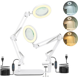 Лампа-лупа Jubor 2-в-1 зі світлом та підставкою, 15x/10x, LED, з кріпленням та основою, 3 режими, регульована яскравість, для хобі, ремонту, майстрів