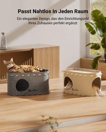 Felt Cat Cave, Felt Cat House, Cat Bed, Cat Cave for Cats, 58 x 33 x 30cm, Peek-a-Boo for Play, Winter-Proof, Nail Protection, Beige