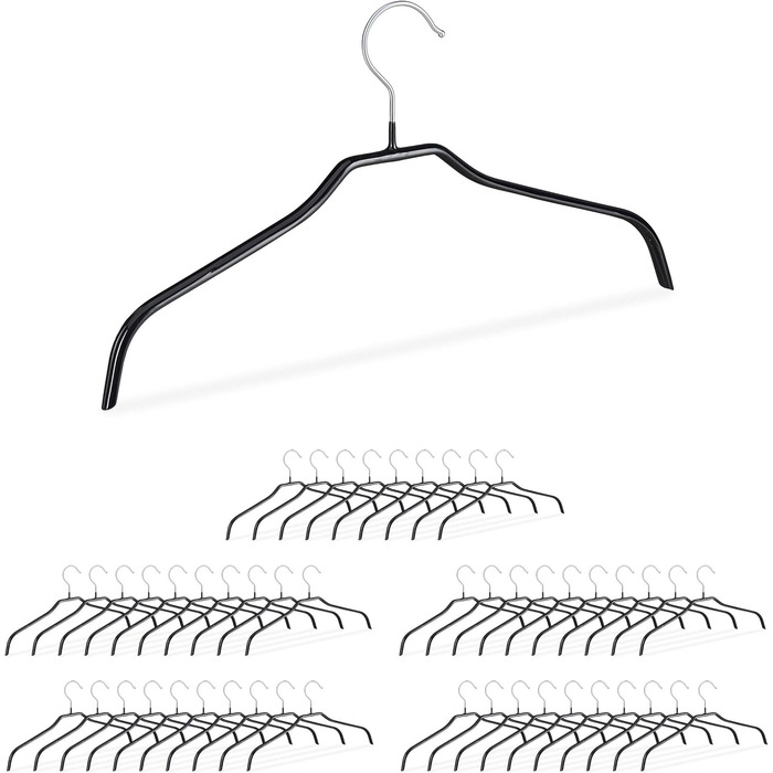 Relaxdays Non-Slip Clothes Hangers, Set of 50, Shirt Hangers, Blouse Hangers with Rubber Coating, Metal, 42 cm, Black