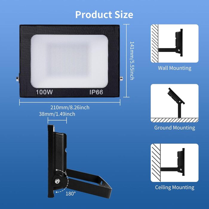 Viugreum 2 Pack 100W LED Flood Lights Outdoor 8000LM Outdoor Floodlight IP65 Outdoor Spotlight 5000K Floodlight Cold White Spotlight Floodlight with 50cm Cable for Backyard Driveway Garage Hallway