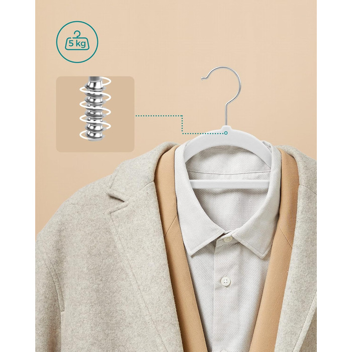 Плечики для одягу SONGMICS, велюрові, 50 шт., для пальто, штанів, краваток, обертовий гачок, 43,5 см, срібно-білий