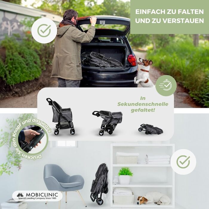 Mobiclinic® Pet Folding Dog Cart - 15kg Capacity, Small Dogs, Zuma Wheels with Brakes, XXL Storage Basket, 3 Zipper Windows & Mosquito Net, Cup Holder, Grey