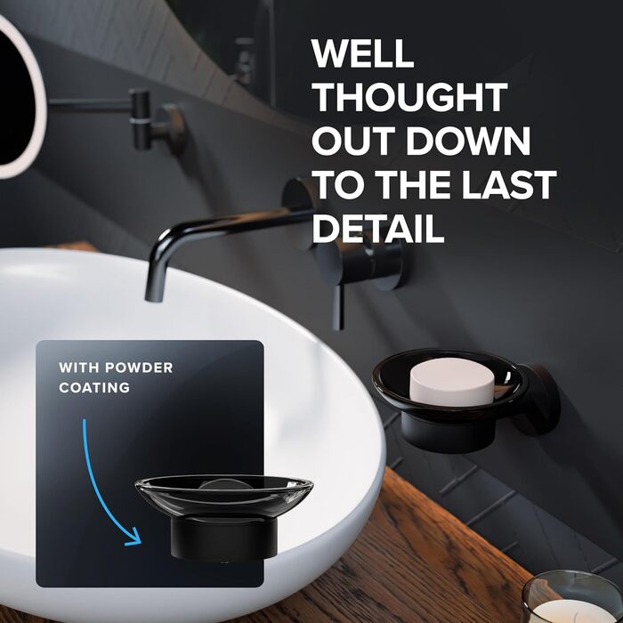 Миска для мила з кріпленням для настінної установки | Нержавіюча сталь | Чорний колір | Зі скляною вставкою | Для ванної кімнати або кухні