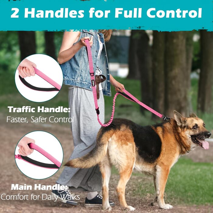 Тактична повідок для собак PetBonus Heavy Duty, 1,5м, еластична, з 2 м'якими ручками, страхувальний ремінь для авто, навчальна повідок No Pull для великих та середніх собак (Армійний зелений, Рожевий)