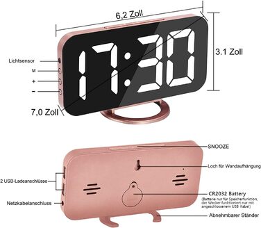 Цифровий годинник-дзеркало SZELAM з LED-дисплеєм 7 дюймів, 2 USB-порти для зарядки, функція відкладання, автоматичне регулювання яскравості, годинник для дому (рожеве золото)