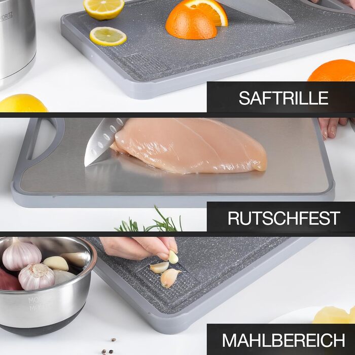 Двостороння обробна дошка Moritz & Moritz з нержавіючої сталі та пластику - антиковзаюча з жолобком для соку та поверхнею для натирання - гігієнічна та придатна для миття в посудомийній машині