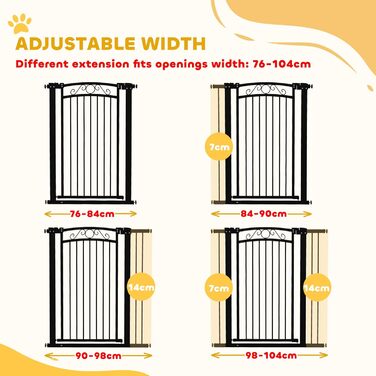 PawHut Бар'єр для собак, ворота з регульованою шириною 76-104 см, захисний ґрат для собак з 2 розширеннями, подвійний замок та маленькі дверцята для сходів та дверей, білий