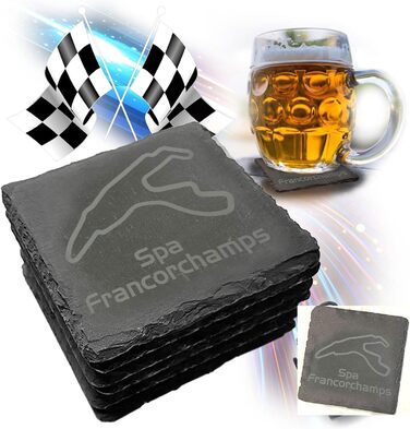 Nürburgring Coasters for Drinks, 6-Piece Set - Slate Coasters, for Home and Dining Room, Decoration, Racing Fans (Spa Francorchamps)