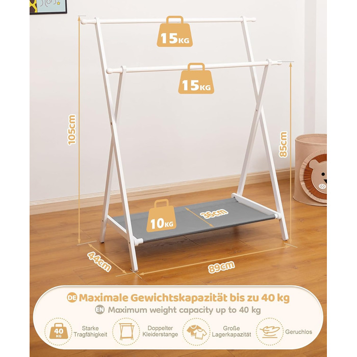 Дитяча вішалка для одягу Yorbay з бамбука, подвійна регульована штанга, полиці для зберігання, біла