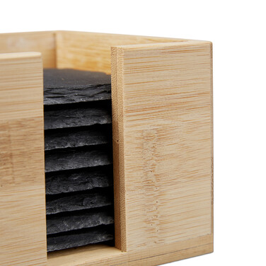 Relaxdays Slate Coasters, Set of 8, Bamboo Box