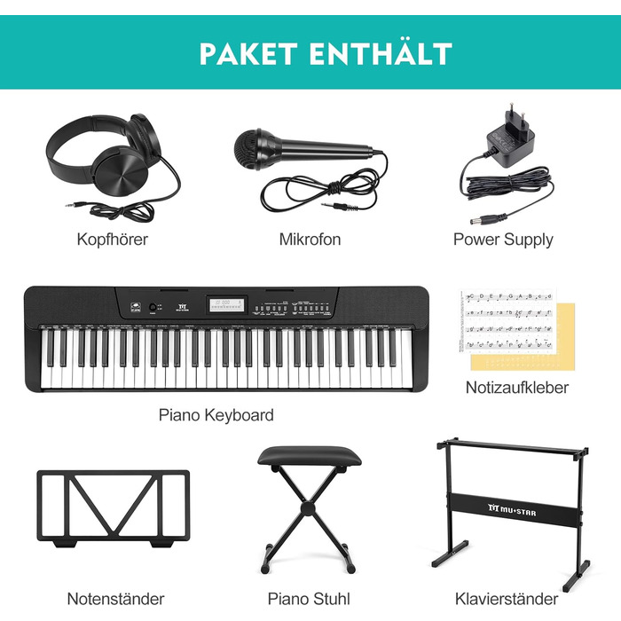 MUSTAR 61-клавішна клавіатура-піаніно для початківців, цифрова клавіатура з підсвічуванням, динаміками, стійкою, табуретом, навушниками, мікрофоном, підставкою для нот, 300 звуками та уроками музики (Чорний)