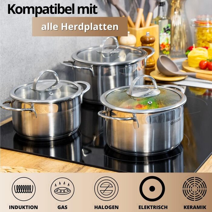 Каструля Daniks Bonn з нержавіючої сталі для індукції з кришкою, 20 см, 3.4 л, для пасти, супу, срібляста