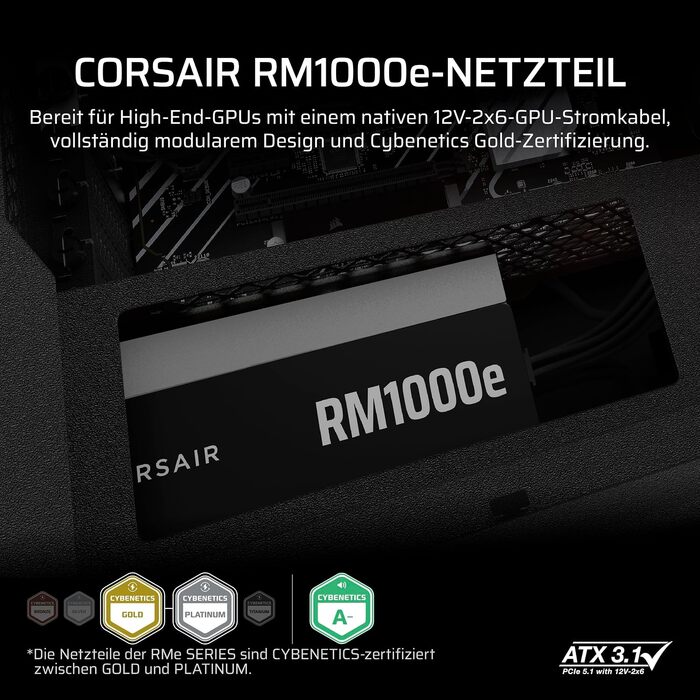 Блок живлення Corsair RM1000e (2025) 1000W ATX 3.1 PCIe 5.1, повністю модульний, 12V-2x6, Cybenetics Gold, чорний