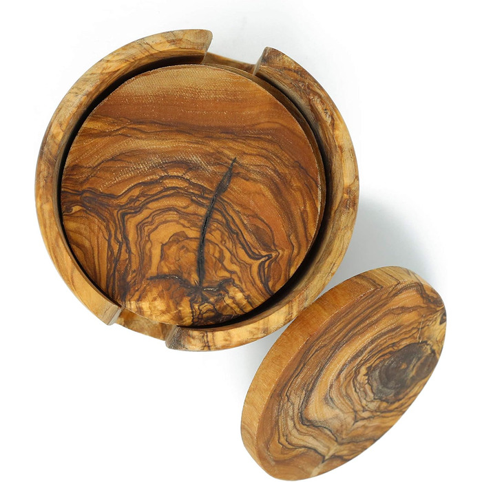 Set of 6 round beer coasters made of olive wood, 8.5 cm in diameter, including storage box. Suitable for glasses, mugs, cups, and vases.