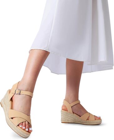 Еспадрильї жіночі DREAM PAIRS з відкритим носком, бежеві нубук, на платформі, з еластичними ремінцями на щиколотці, розмір 38 EU