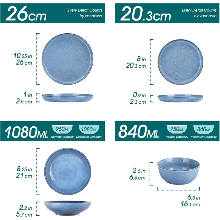 Набір посуду Steingut vancasso ANYA (24 шт.) - синій, сучасний, для 6 осіб, з тарілками, суповими тарілками, десертними тарілками та мисками. Можна мити в посудомийній машині та використовувати в мікрохвильовій печі.