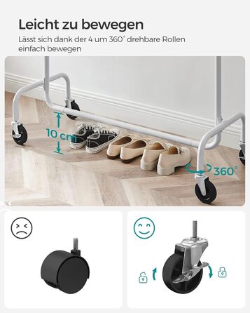 SONGMICS Clothes Rack with Wheels, Garment Rack, Heavy Duty, Extendable Clothes Rod, Holds up to 110 kg, 45 x (160-200) x 162.9 cm, Metal, Chrome, HSR176E01 ((110-150)B cm, Mattweiß)