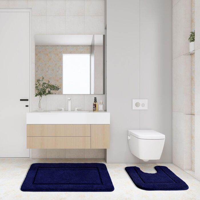 SOANNY Bath Mat Set - 2 Pack Microfiber Bathroom Rugs - Non-Slip & Water Absorbent - 53x86 cm & 50x50 cm - Blue