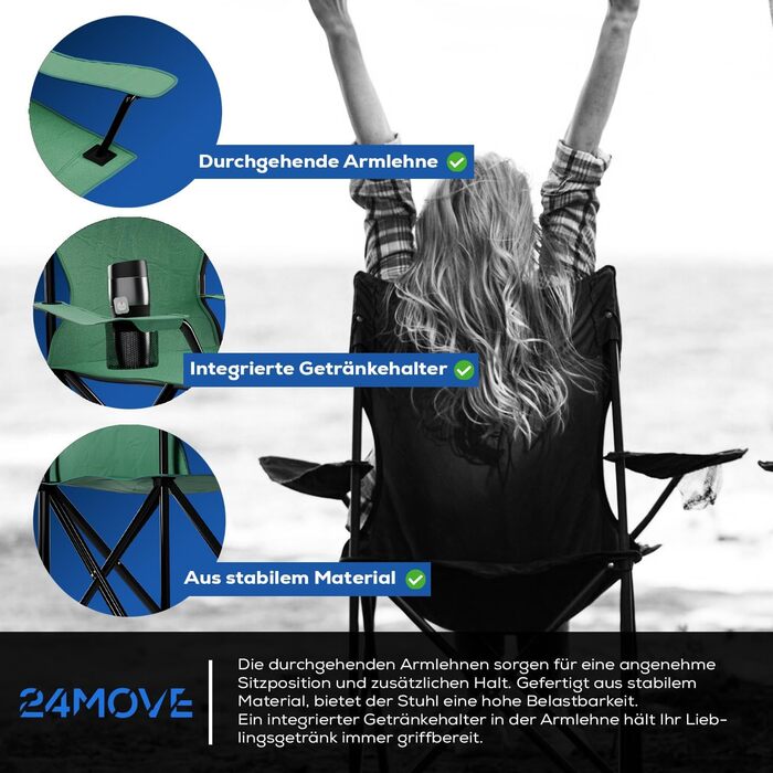 Набір з 2-х складних крісел для кемпінгу та риболовлі 24MOVE® - крісла для відпочинку на природі, з підстаканником, поліестер, для використання в приміщенні та на вулиці (зелені)