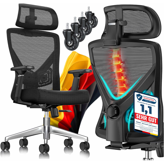 Офісне крісло KESSER® ергономічне з регульованими підлокітниками, поворотне з підтримкою попереку, з підголівником, функція гойдання до 125° з 5 колесами, чорний/срібний