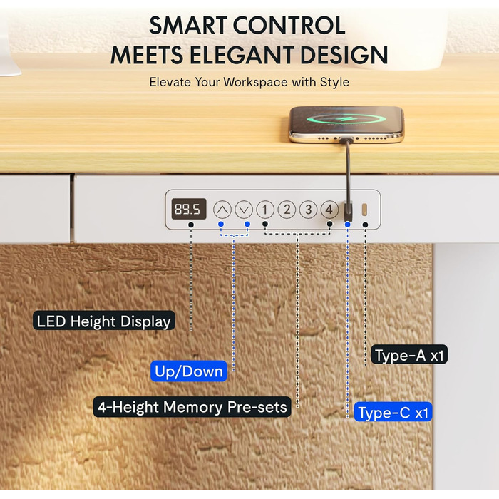 FLEXISPOT Electric Standing Desk with LED Display, Memory Function, USB Port & Drawer - 120x60cm Natural Oak