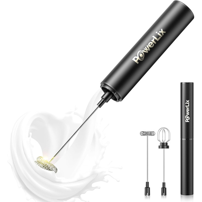 Електричний спінювач молока POWERLIX Pro 3-в-1: ручний, USB-C, 10 000 об/хв, для капучино, лате макіато, знімна насадка, чорний