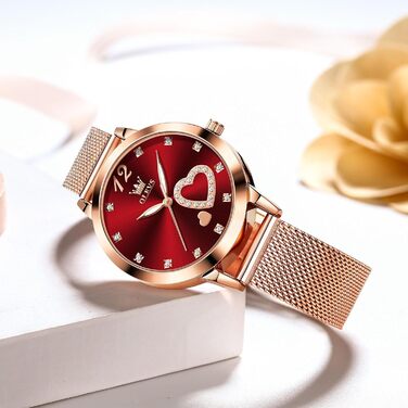 Годинник жіночий OLEVS Roségold: стильні годинники з нержавіючої сталі з мережевим ремінцем, ультратонкі, з діамантовим сердечком, водостійкі, рожеве золото