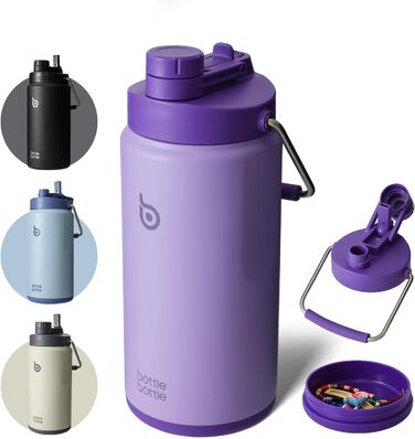 BOTTLE BOTTLE Insulated Stainless Steel Water Bottle 64oz (1.8L) with Straw, Lid, Handle & Pill Compartment – BPA-free, Leak-proof, Ideal Drinking Bottle for Sports, Fitness, Hiking & Outings (Violet)