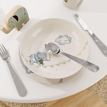 Дитячий набір столових приборів Villeroy & Boch Boho Kids 'Walk like an elephant' (4 шт.) з нержавіючої сталі, для дітей, сріблястий/платиновий, придатний для миття в посудомийній машині