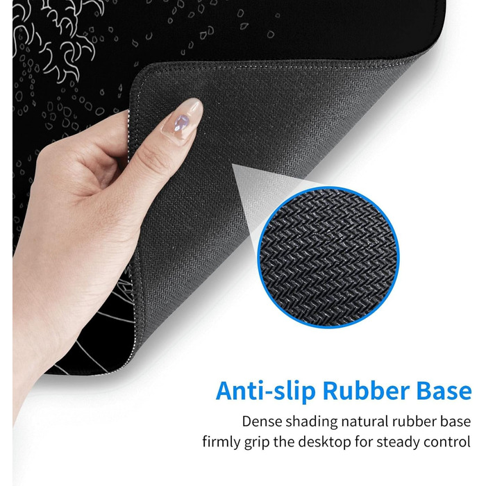 Килимок для миші для геймінгу, чорний, з принтом «Хвиля Канадзи», 80 x 30 см, з гумовою основою, водонепроникний, з прошитими краями