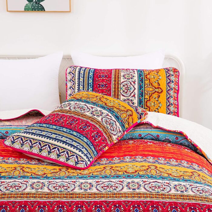 WONGS BEDDING Quilt Set 220x240 Bedspread Bohemian Throw Blanket Stepped Quilt 3-Piece Double Bed Quilted Bedspread Microfiber Living Room Blanket with 2 Pillowcases 50x70 for Bedroom as Sofa Throw (Bohemian)
