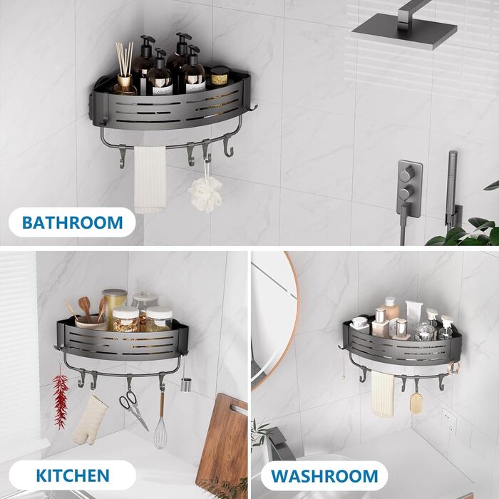 Двомісне куткове поличок для душу без свердління з присосками, водонепроникний органайзер для ванної кімнати, з тримачем для рушників, для шампуню та гелю для душу, чорний матовий (1 шт. сірий кутовий поличок для душу)