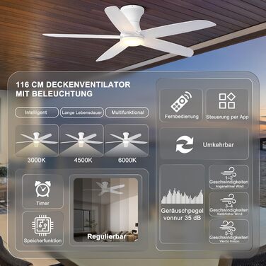 Стеляний вентилятор Ohniyou з підсвіткою та пультом керування, 117 см, керування через додаток, регульована яскравість, тихий DC-двигун, для спальні, тераси, кухні (білий)