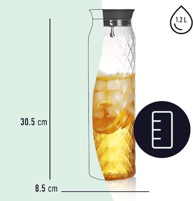 Glass water carafe, 1.2 Liter, glass carafe with lid, silicone lid, height 30.5cm Carafe
