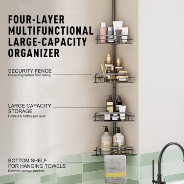 Тeleskopна поличка для душу Uamector - кутова поличка з 4 кошиками, регульована висота 107-306 см, чорний колір