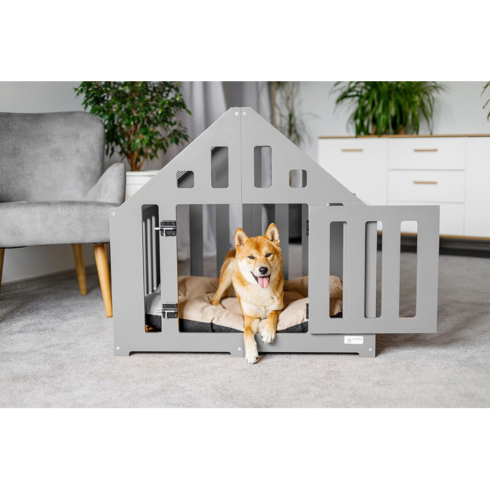 Будка для собак з дерева, клітка для собак, закривається, вольєр для собак, собачий будиночок, переноска для тварин, чорний колір (85 x 70 x 80 см), графіт