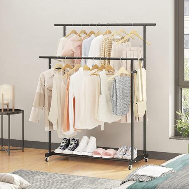 Clothes Rack with Double Rod, Rolling Clothes Rack, Portable Clothes Rack for Bedroom, Living Room, Clothing Store (Black)