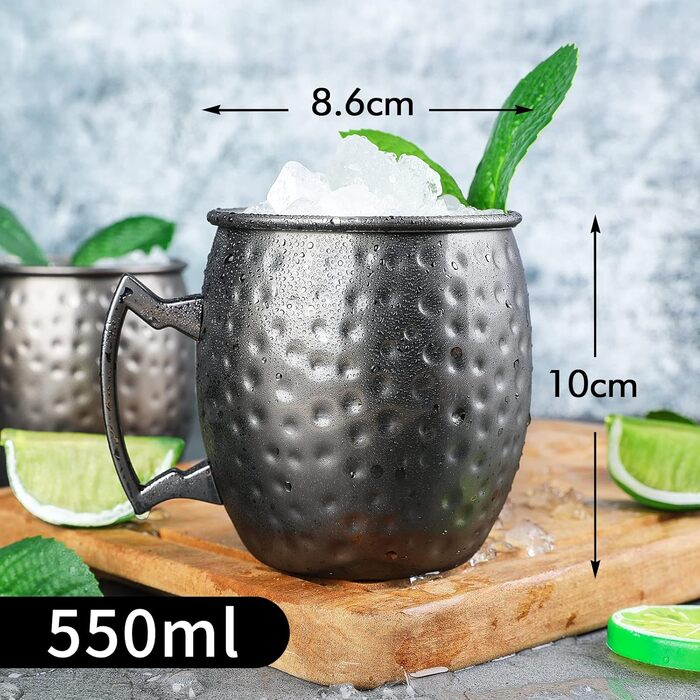 Moscow Mule Mug Set with 4 Black Moscow Mule Cups, 530 ml, Gunmetal Black Plated, Stainless Steel Cups, Double Measuring Cups, Chilled Cold Drinks, Cocktail Cups, Drinkware with Gift Box