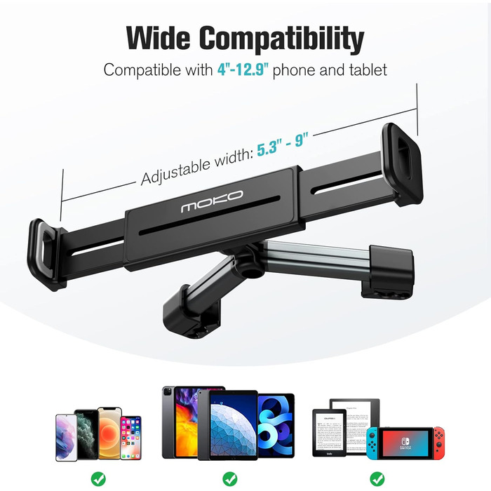 Тримач для планшету в авто MoKo, регульований, універсальний, для iPad, Galaxy Tab, iPhone, сірий