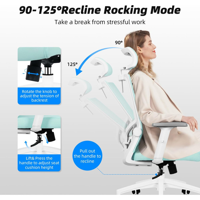 Ергономічне крісло Daccormax для офісу: регульована підголовник, підлокітники, підтримка попереку, поворотний механізм, функція гойдання, сітчасте крісло, турбота про спину, 150 кг (Турквіс)