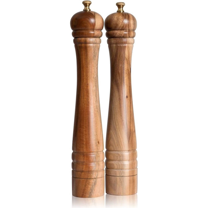 DeroTeno Salt and Pepper Grinder Set, Pepper Grinder with Stainless Steel Grinder, Salt Grinder with Ceramic Grinder, Acacia Wood, H 30 cm